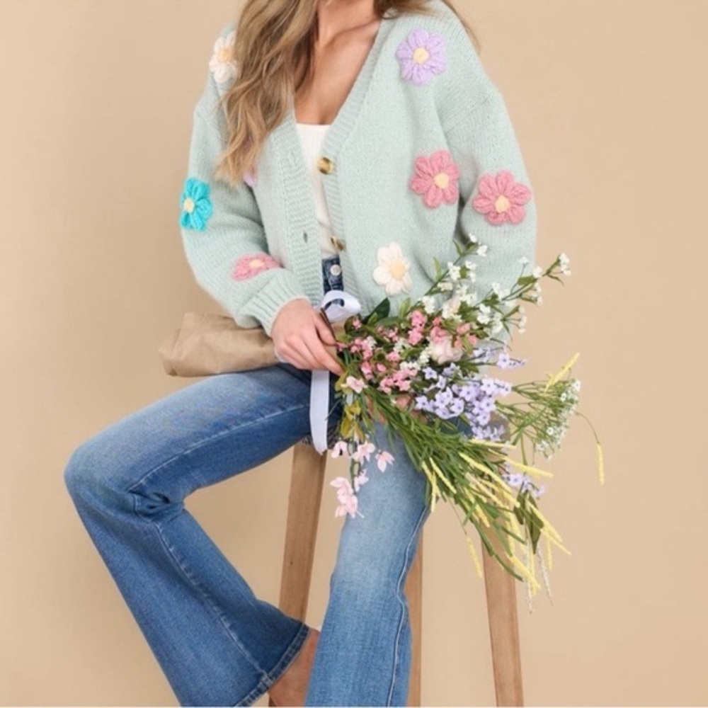 Luna Ivy cardigan sweater Floral 3d Embroidered size xs Women's size xs mint - Picture 2 of 6